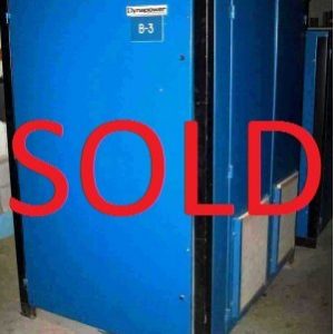 A blue cabinet with the word sold on it.
