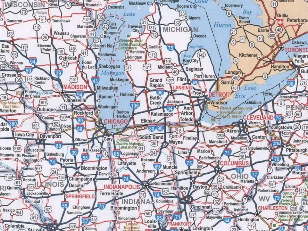 A map of the united states with roads and highways.
