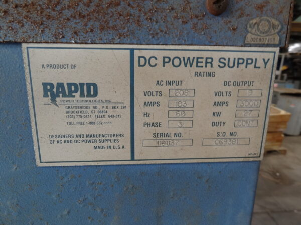 Rapid 3,000A 208/9V Rectifier w/ Remote - Image 2